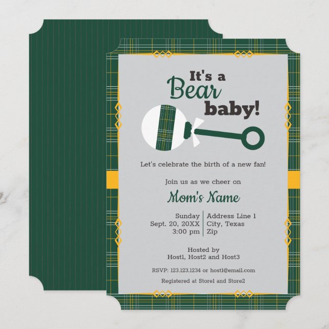 Invitación Baby Shower Green Plaid Rattle Bear (Anverso / Reverso)