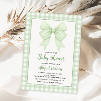 Invitación Baby Shower Green Plaid Y Green Bow