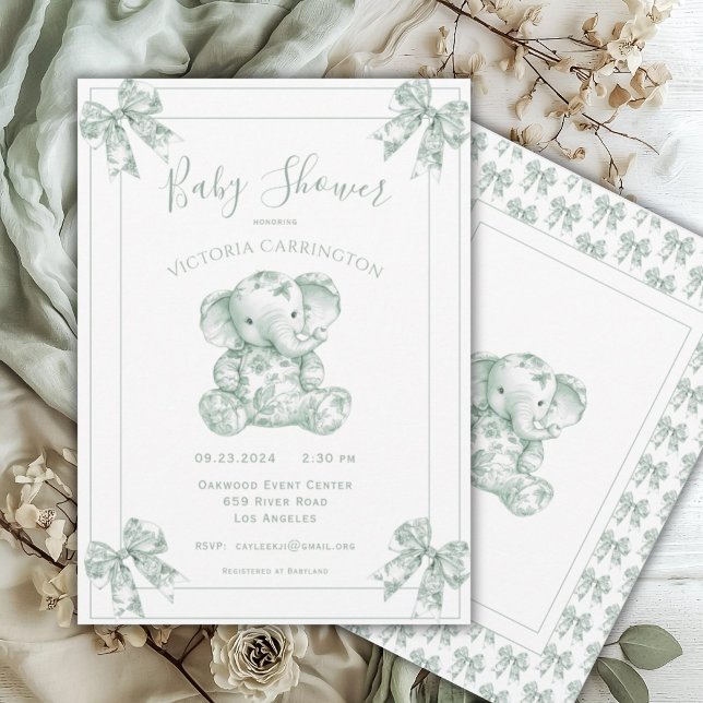 Invitación Baby Shower Green Toile Elephant (Subido por el creador)