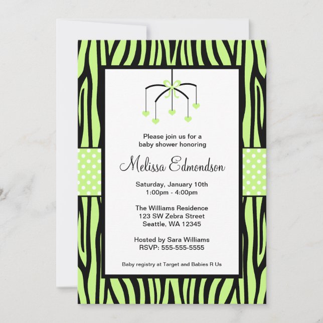 Invitación Baby Shower Green Zebra Mobile Hearts (Anverso)