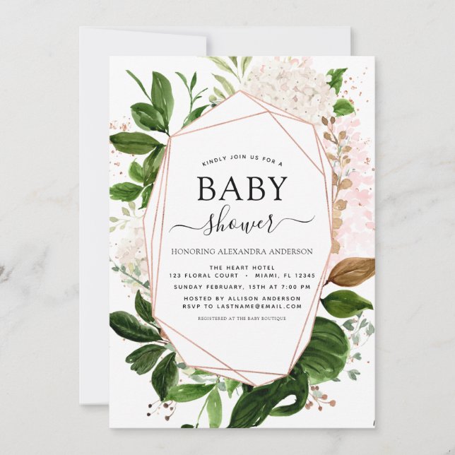 Invitación Baby Shower Greenery Botanical Geometric Elegant (Anverso)