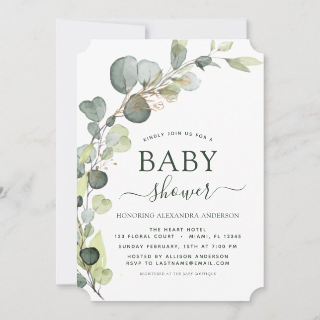 Invitación Baby Shower Greenery Eucalyptus Botanical Elegant (Anverso)