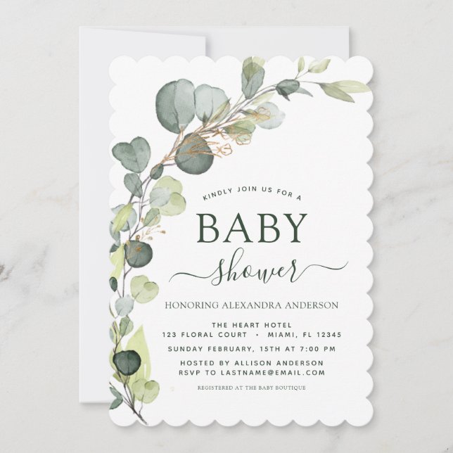 Invitación Baby Shower Greenery Eucalyptus Botanical Elegant (Anverso)