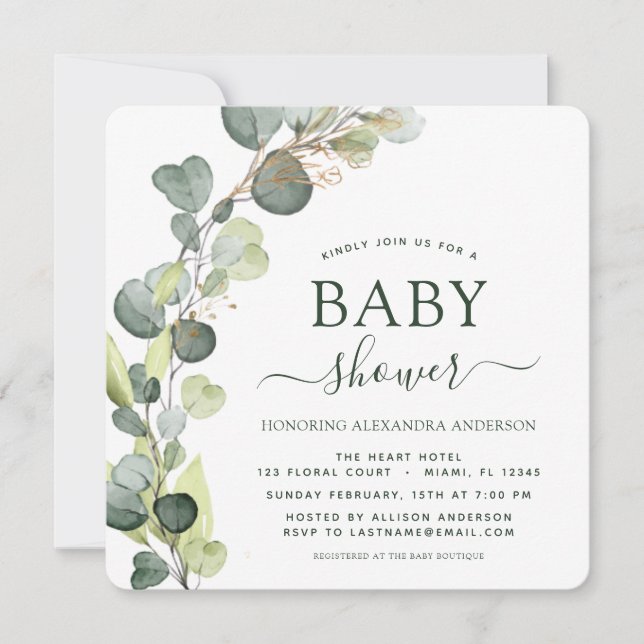 Invitación Baby Shower Greenery Eucalyptus Botanical Elegant (Anverso)