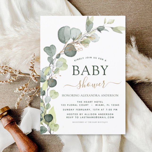 Invitación Baby Shower Greenery Eucalyptus Gold Elegant (Subido por el creador)