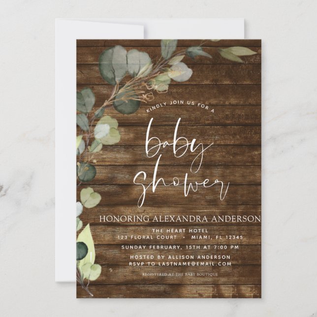 Invitación Baby Shower Greenery Eucalyptus Rustic (Anverso)