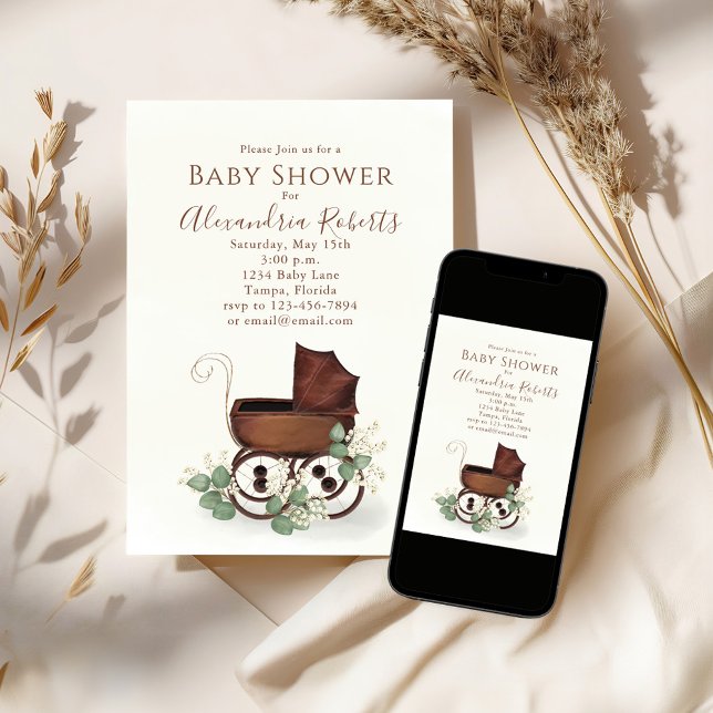 Invitación Baby Shower Greenery Watercolor Eucalyptus moderno (Baby shower vintage style invitation, )