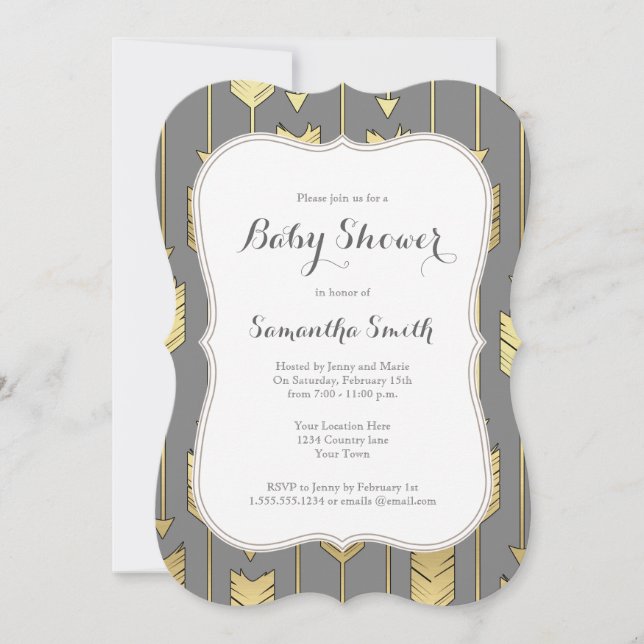Invitación Baby Shower Grey and Golden Arrows (Anverso)