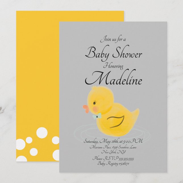 Invitación Baby Shower gris acuoso de pato de goma (Anverso / Reverso)
