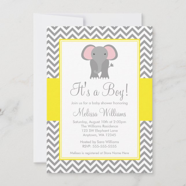 Invitación Baby Shower gris amarillo chevron elefante (Anverso)