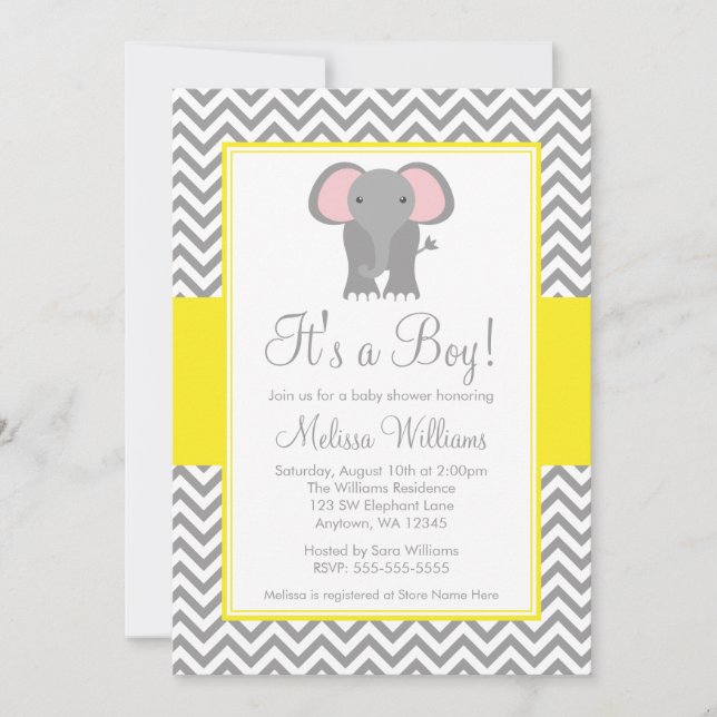Invitación Baby Shower gris amarillo chevron elefante (Anverso)