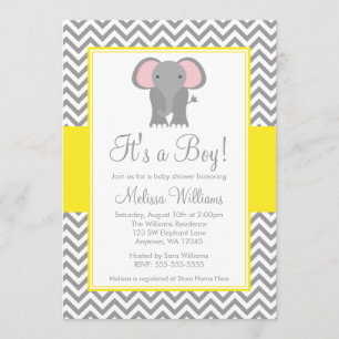 Invitación Baby Shower gris amarillo chevron elefante