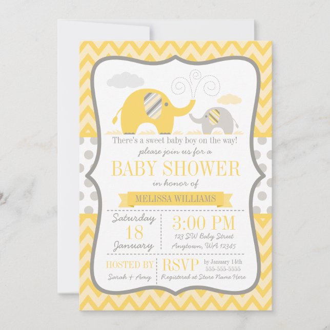 Invitación Baby Shower gris amarillo elefante (Anverso)