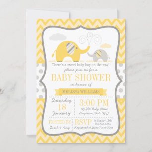 Invitación Baby Shower gris amarillo elefante