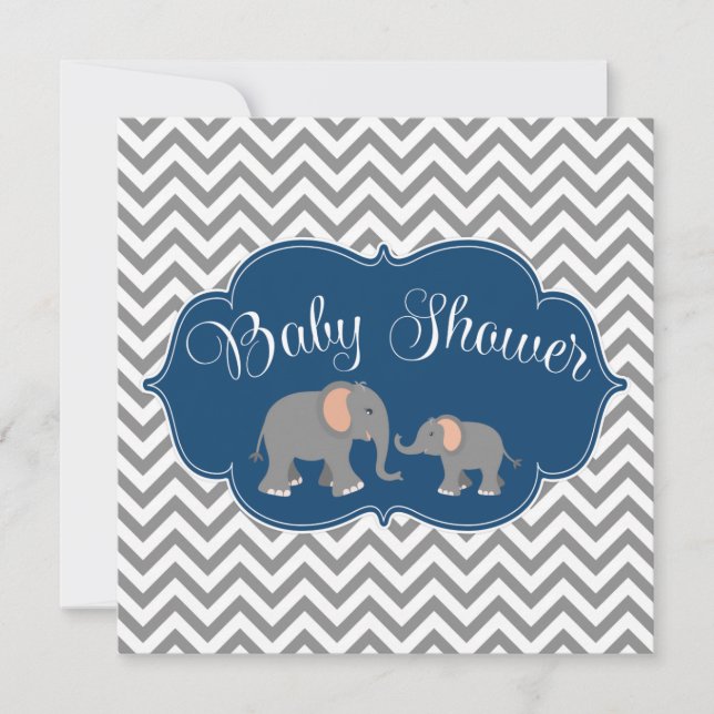 Invitación Baby Shower gris azul de la marina de elefante mod (Anverso)