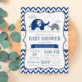 Invitación Baby Shower gris azul de la marina elefante