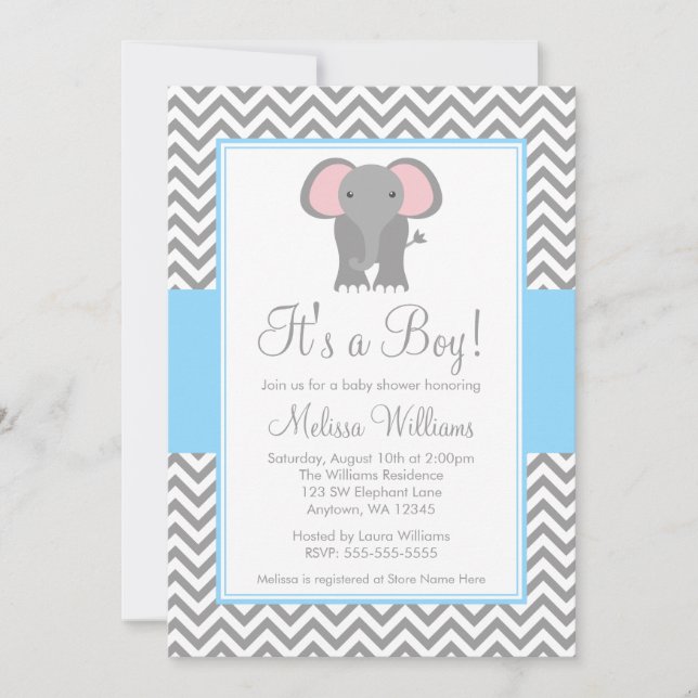 Invitación Baby Shower gris azul elefante Chevron claro (Anverso)
