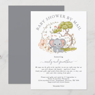 Invitación Baby Shower gris de la selva elefante por correo