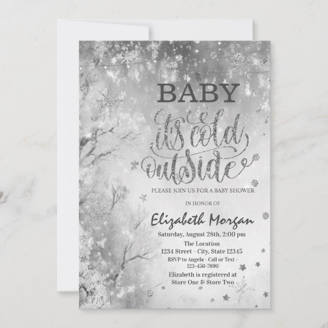Invitación Baby Shower gris del árbol del paisaje invernal (Anverso)