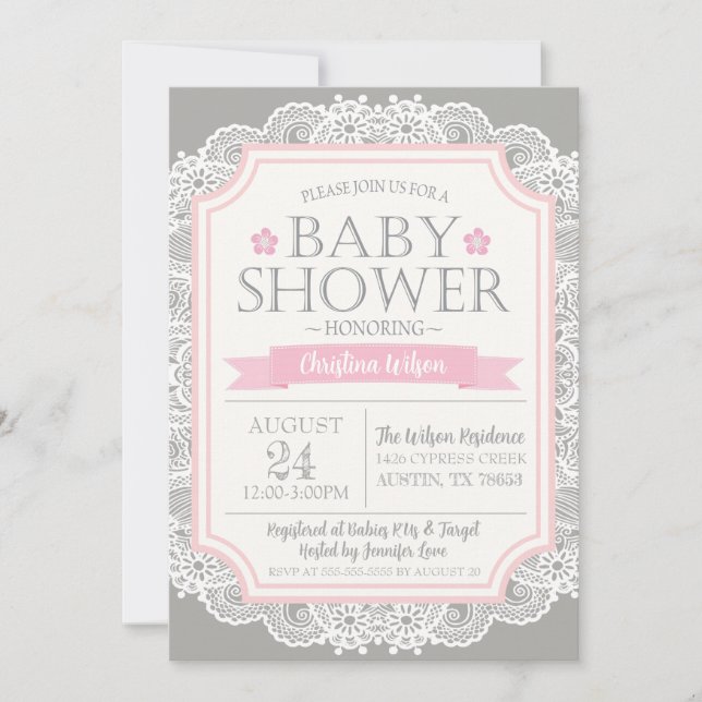 Invitación Baby Shower Gris Pink & Lace (Anverso)