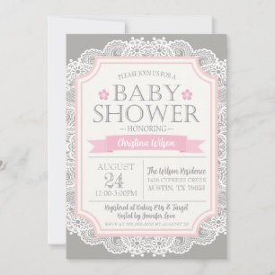 Invitación Baby Shower Gris Pink & Lace