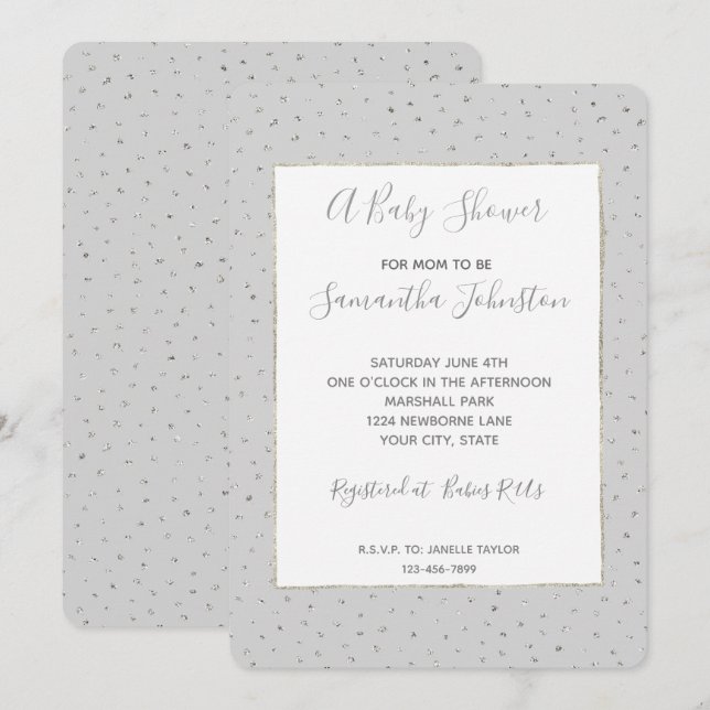 Invitación Baby Shower gris plateado confetti (Anverso / Reverso)
