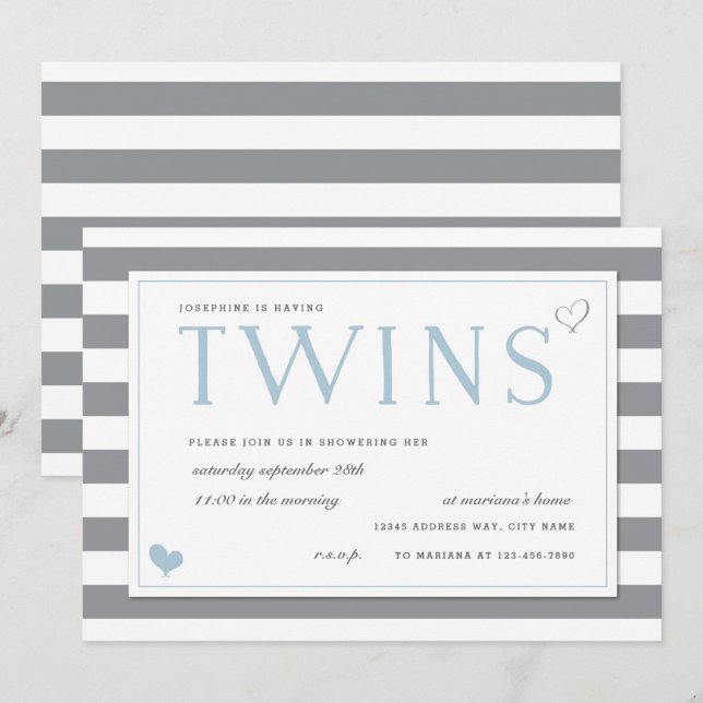 Invitación Baby Shower Gris & White Stripe Twins (Anverso / Reverso)