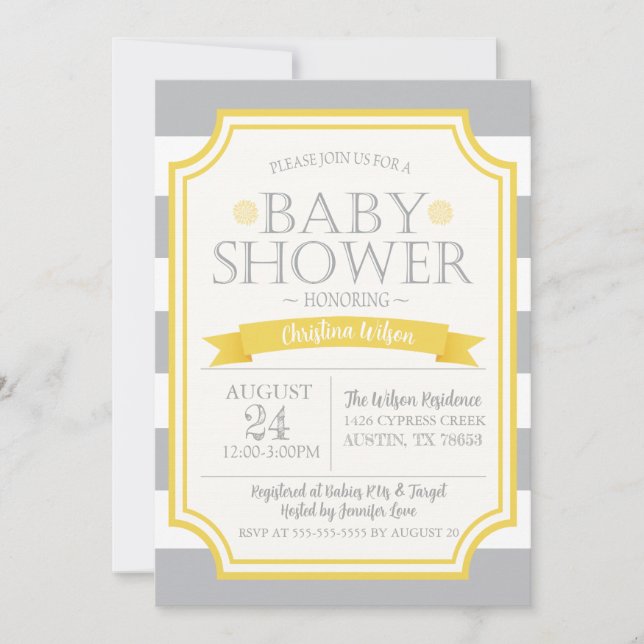 Invitación Baby Shower gris y amarillo (Anverso)