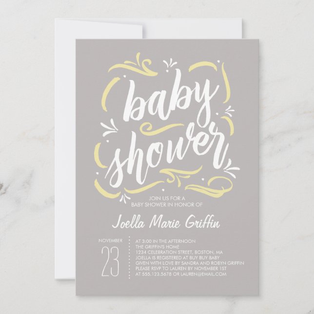 Invitación Baby Shower gris y amarillo más dulce (Anverso)