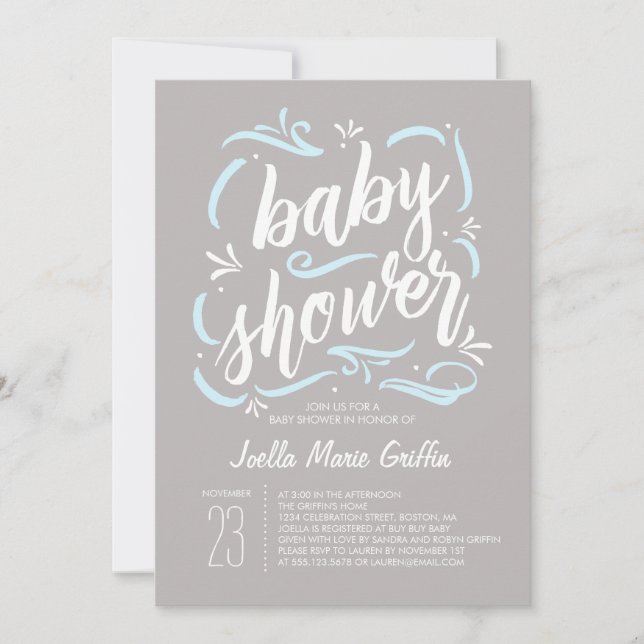 Invitación Baby Shower gris y azul más dulce (Anverso)