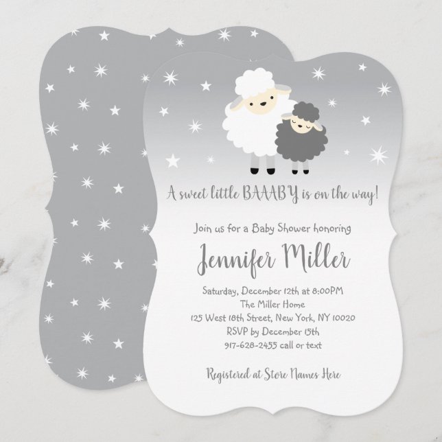 Invitación Baby Shower Gris y Cordero Blanco (Anverso / Reverso)