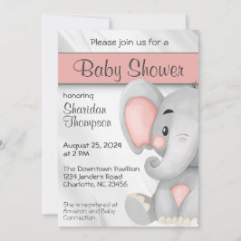 Invitación Baby Shower gris y rosa dulce elefante