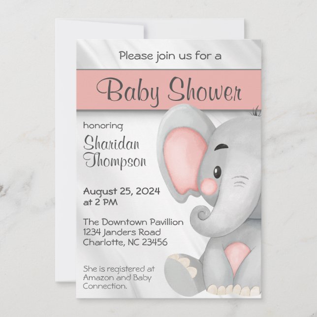 Invitación Baby Shower gris y rosa dulce elefante (Anverso)