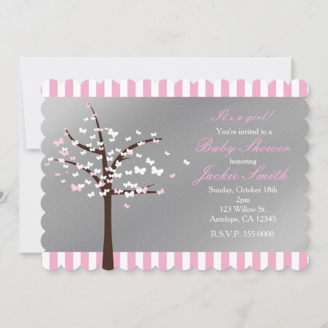 Invitación Baby Shower gris y rosa en árbol de mar (Anverso)