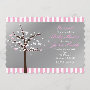 Invitación Baby Shower gris y rosa en árbol de mar