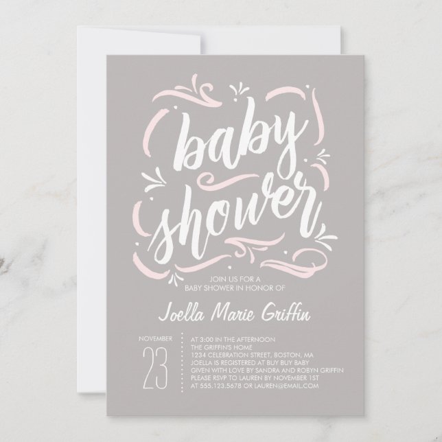 Invitación Baby Shower gris y rosa más dulce (Anverso)