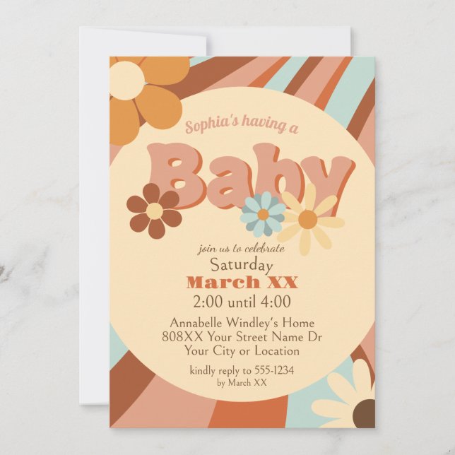 Invitación Baby Shower Groovy de Cute Retro 70 (Anverso)