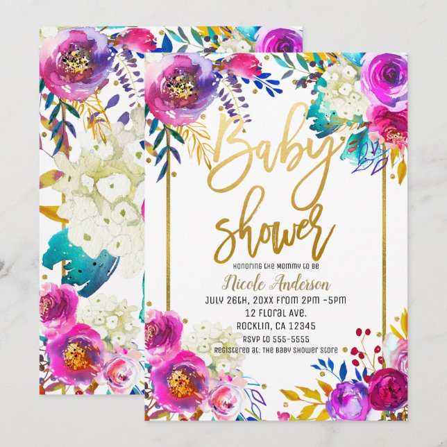 Invitación Baby Shower Guión Dorado Negrita Floral Acuarela (Anverso / Reverso)