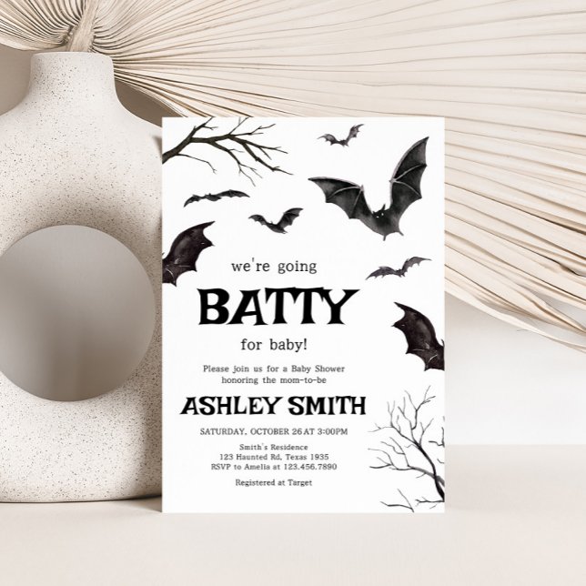 Invitación Baby Shower Halloween Black and White Bats (Black and White Bats Baby Shower Invitation
)