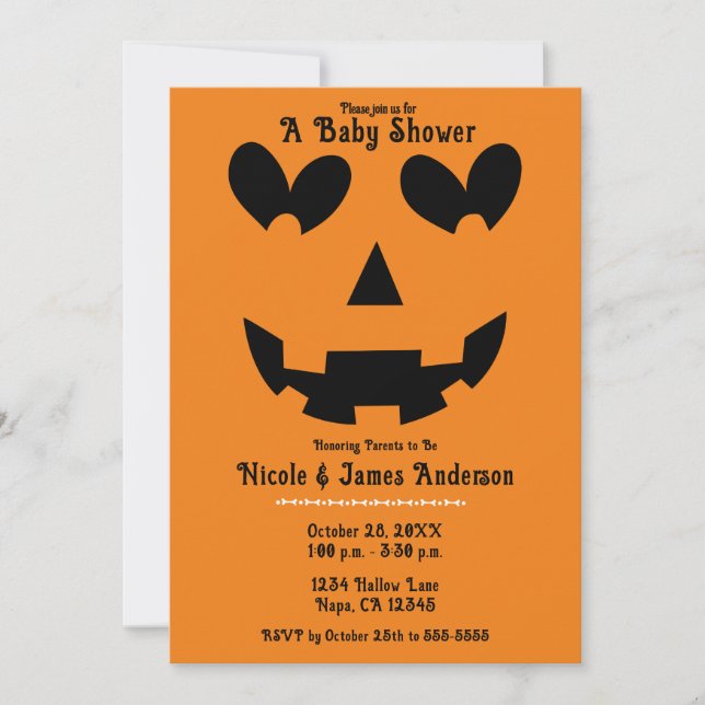Invitación Baby Shower Halloween Pumpkin Heart Eyes (Anverso)