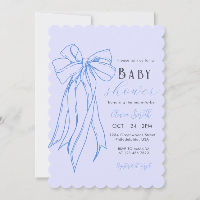 Invitación Baby Shower Hand Drake Blue Coquette Bow Boy (Anverso)