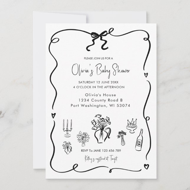 Invitación Baby Shower Hand Drawn Black Bow (Anverso)