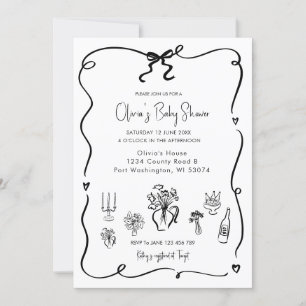 Invitación Baby Shower Hand Drawn Black Bow