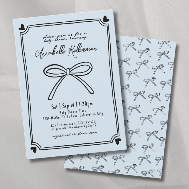 Invitación Baby Shower Hand Drawn Blue Bow (Hand Drawn Blue Bow Baby Shower Invitation )