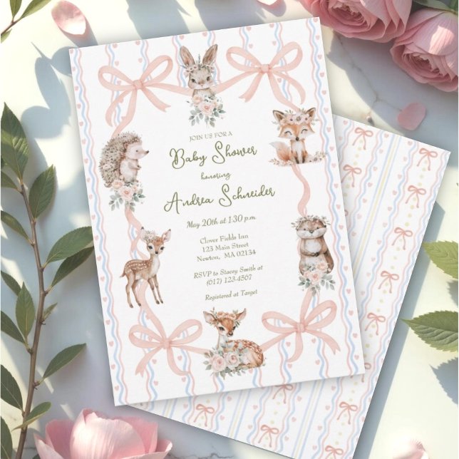Invitación Baby Shower Hand Drawn Coquette Ribbon Woodland (Subido por el creador)