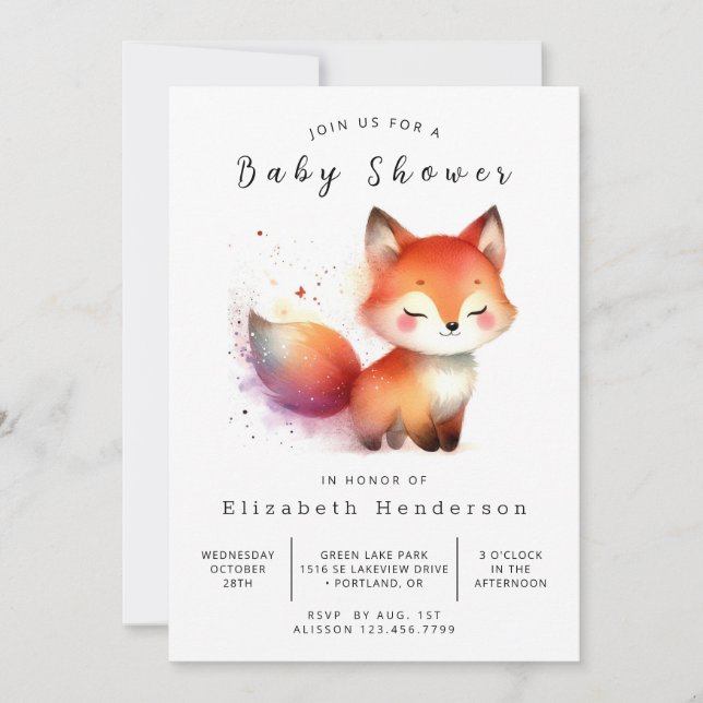 Invitación Baby Shower Hand Drawn Forest Fox (Anverso)
