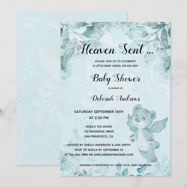 Invitación Baby Shower Heaven Sent Bear Angel (Anverso / Reverso)
