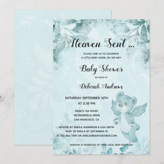 Invitación Baby Shower Heaven Sent Bear Angel