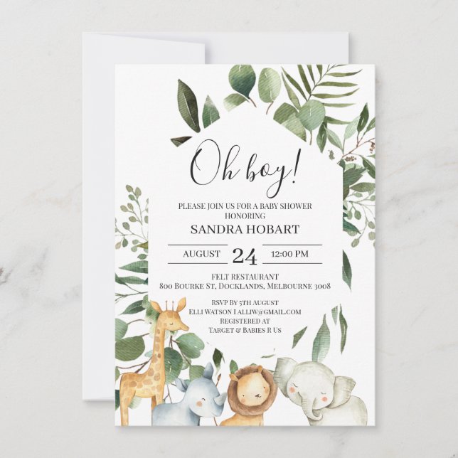 Invitación Baby Shower Hexagon Frame Greenery Safari (Anverso)