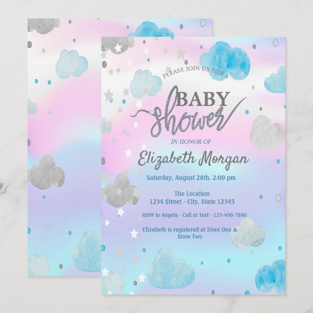 Invitación Baby Shower holográfico de cutas estrellas y nubes (Anverso / Reverso)